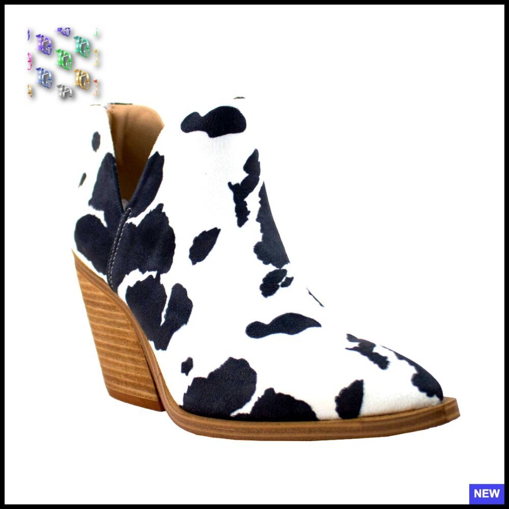 Western Booties Stacked Heel Slip On V Cut Ankle Boots Cow Print Vegan Leather